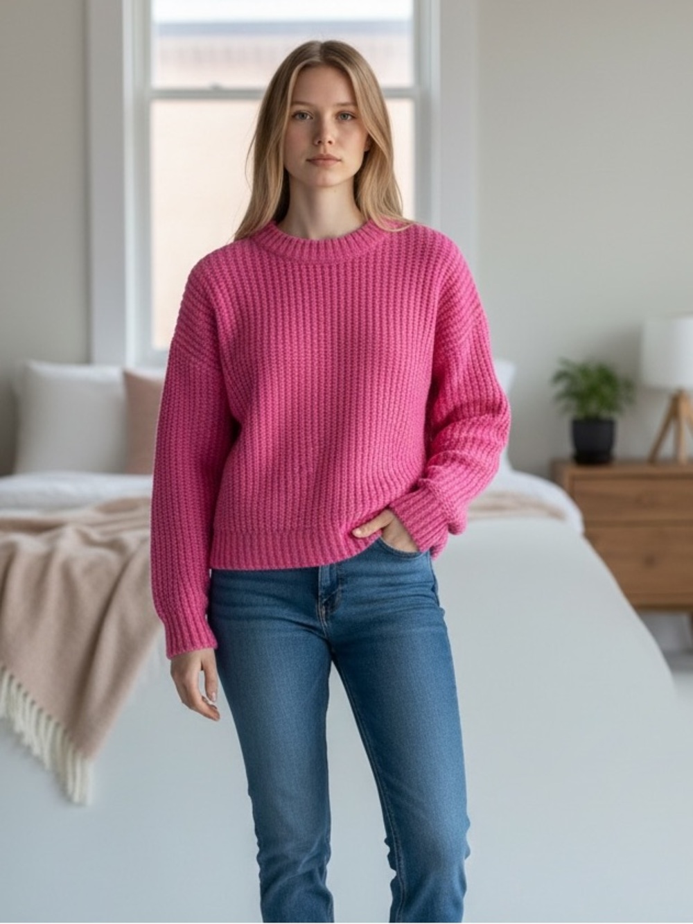TALBOTS Chenille Sweater M Petite Pink Soft Crew Neck Pullover Long Sleeve Soft